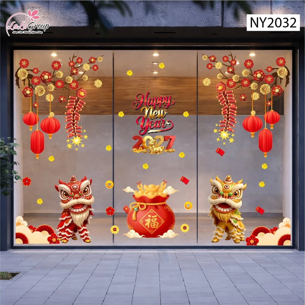 Combo Decal Trang Trí Tết Happy New Year Lân Sư Đón Lộc Phúc Khí Cát Tường