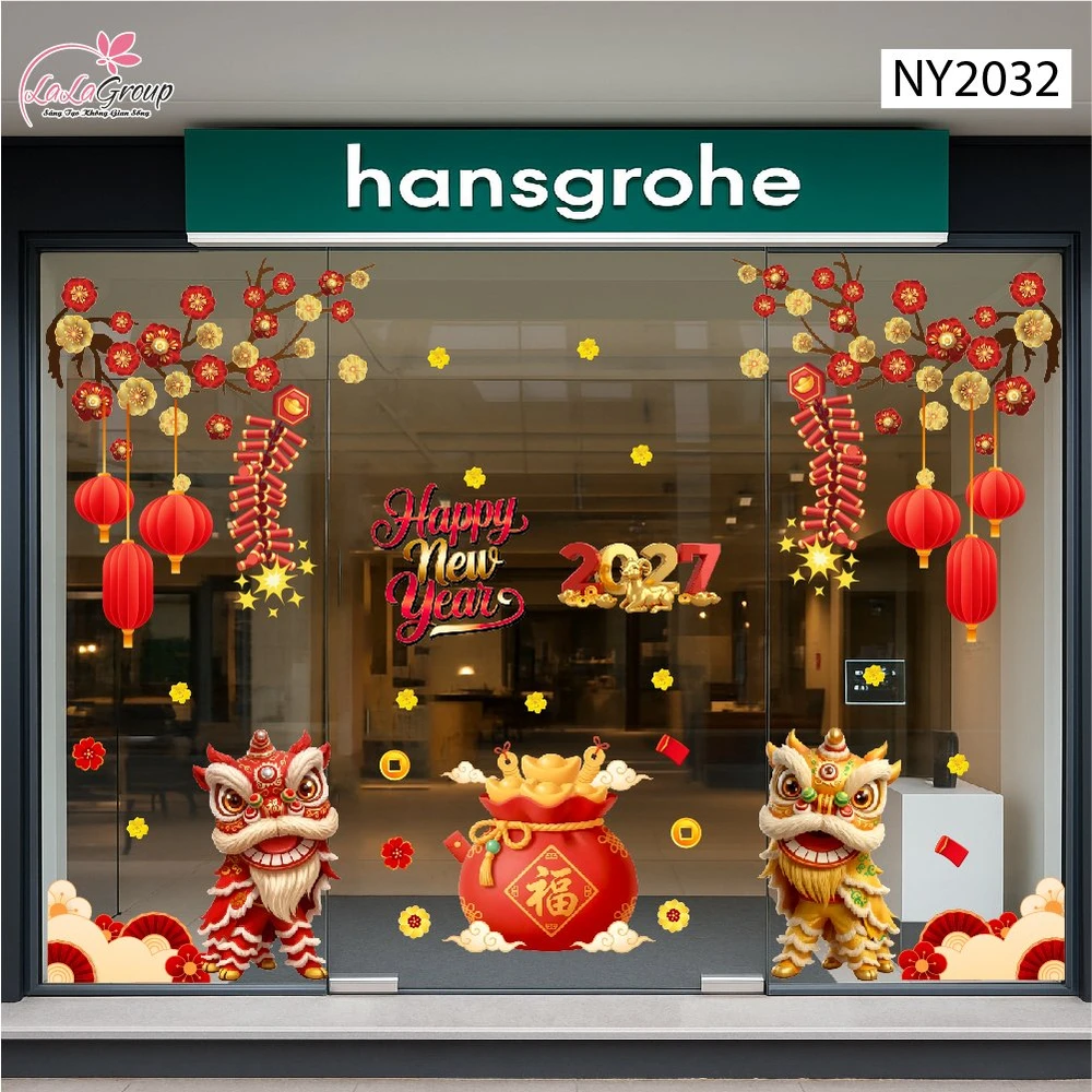 Combo Decal Trang Trí Tết Happy New Year Lân Sư Đón Lộc Phúc Khí Cát Tường