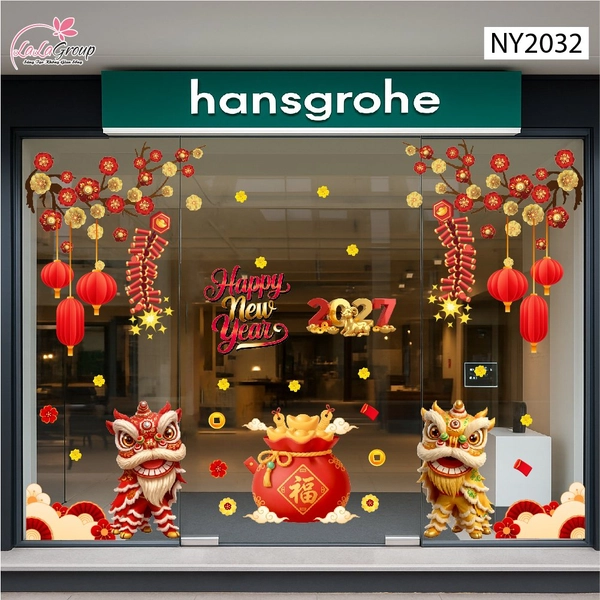 Combo Decal Trang Trí Tết Happy New Year Lân Sư Đón Lộc Phúc Khí Cát Tường