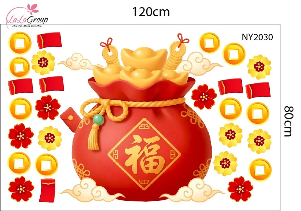 Combo Decal Trang Trí Tết Happy New Year Lân Sư Đón Lộc Phúc Khí Cát Tường
