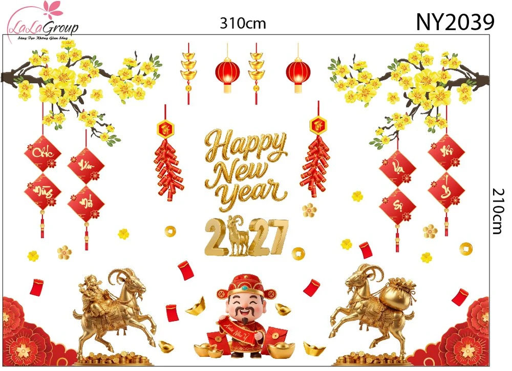 Combo Decal Trang Trí Tết Kim Mùi Và Thần Tài Vui Xuân 2027