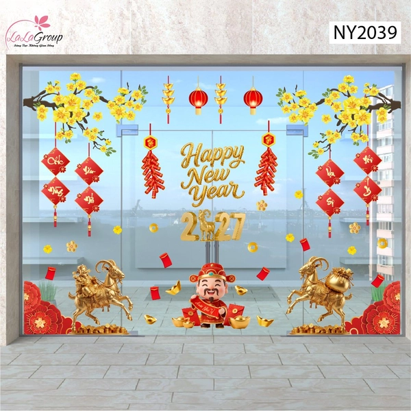 Combo Decal Trang Trí Tết Kim Mùi Và Thần Tài Vui Xuân 2027