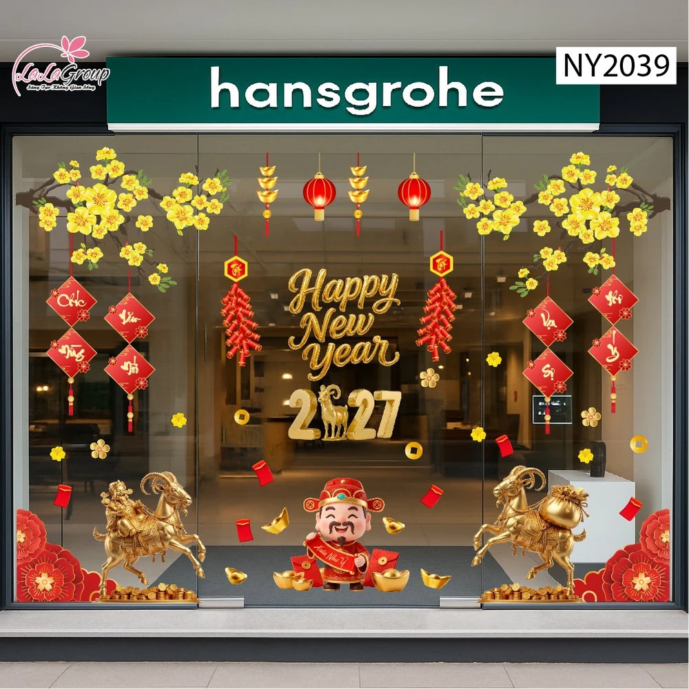 Combo Decal Trang Trí Tết Kim Mùi Và Thần Tài Vui Xuân 2027