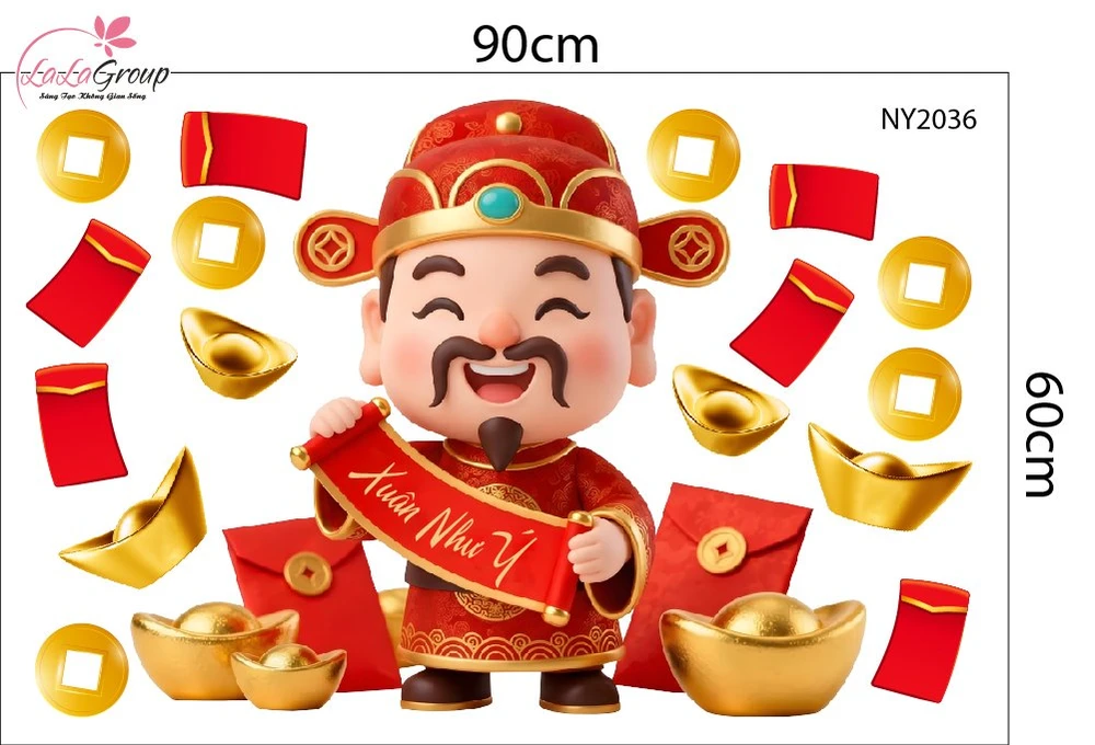 Combo Decal Trang Trí Tết Kim Mùi Và Thần Tài Vui Xuân 2027