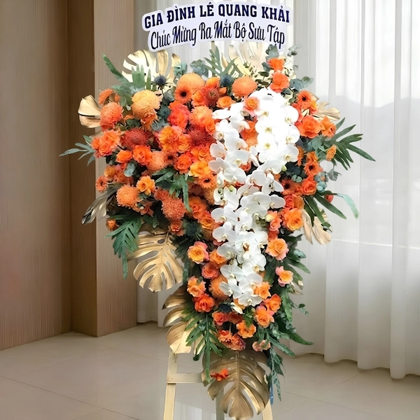 Kệ Hoa Khai Trương Tone Cam 2 Tầng Nổi Bật Hiện Đại