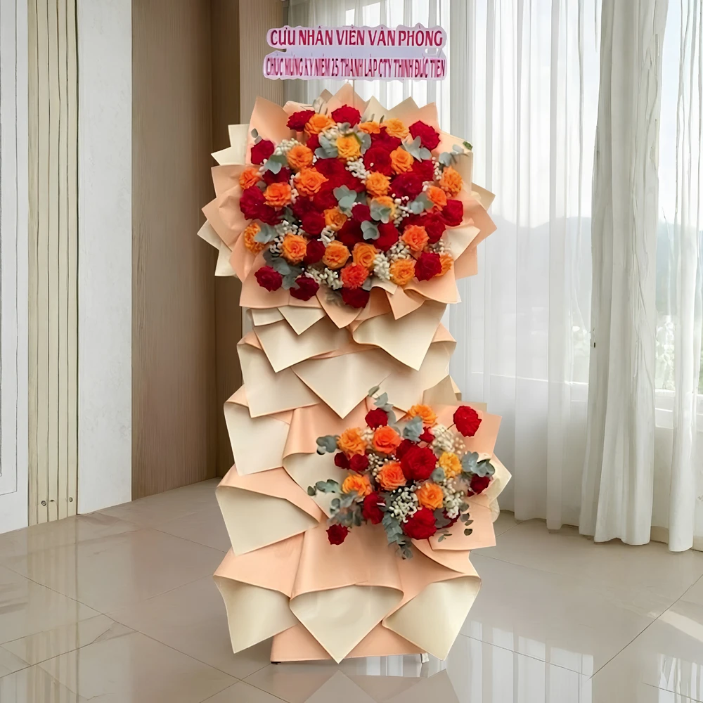 Kệ Hoa Chúc Mừng Khởi Đầu May Mắn Tone Cam Đỏ