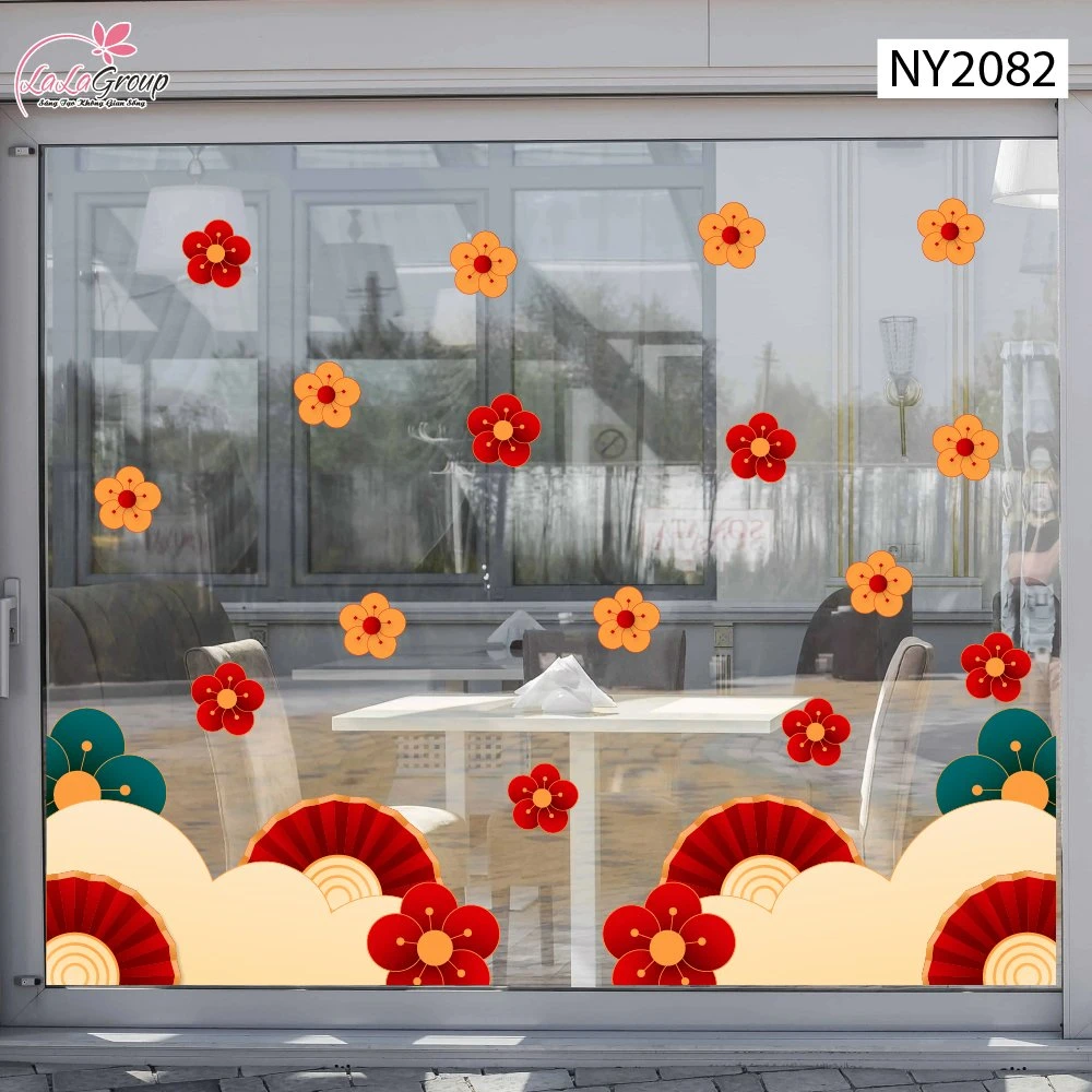 Decal Trang Trí Tết Chân Tường Khóm Mây Quạt Giấy Hoa Phú Quý