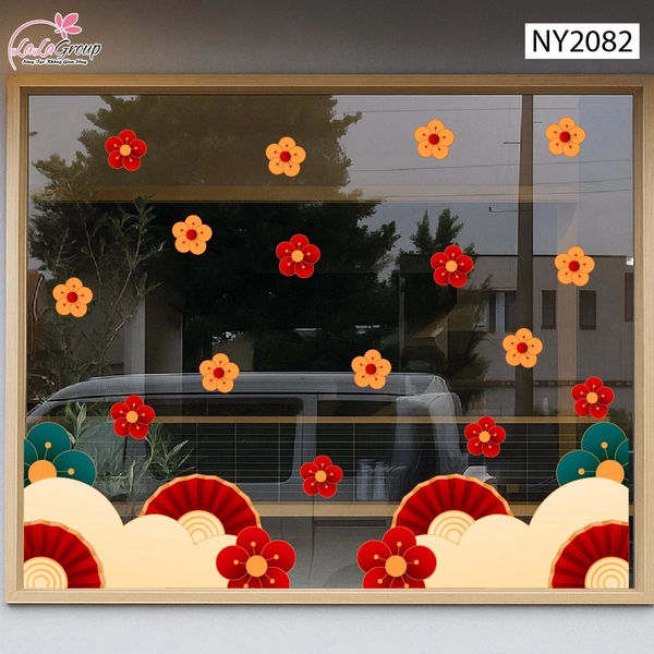 Decal Trang Trí Tết Khóm Mây Quạt Giấy Hoa Phú Quý