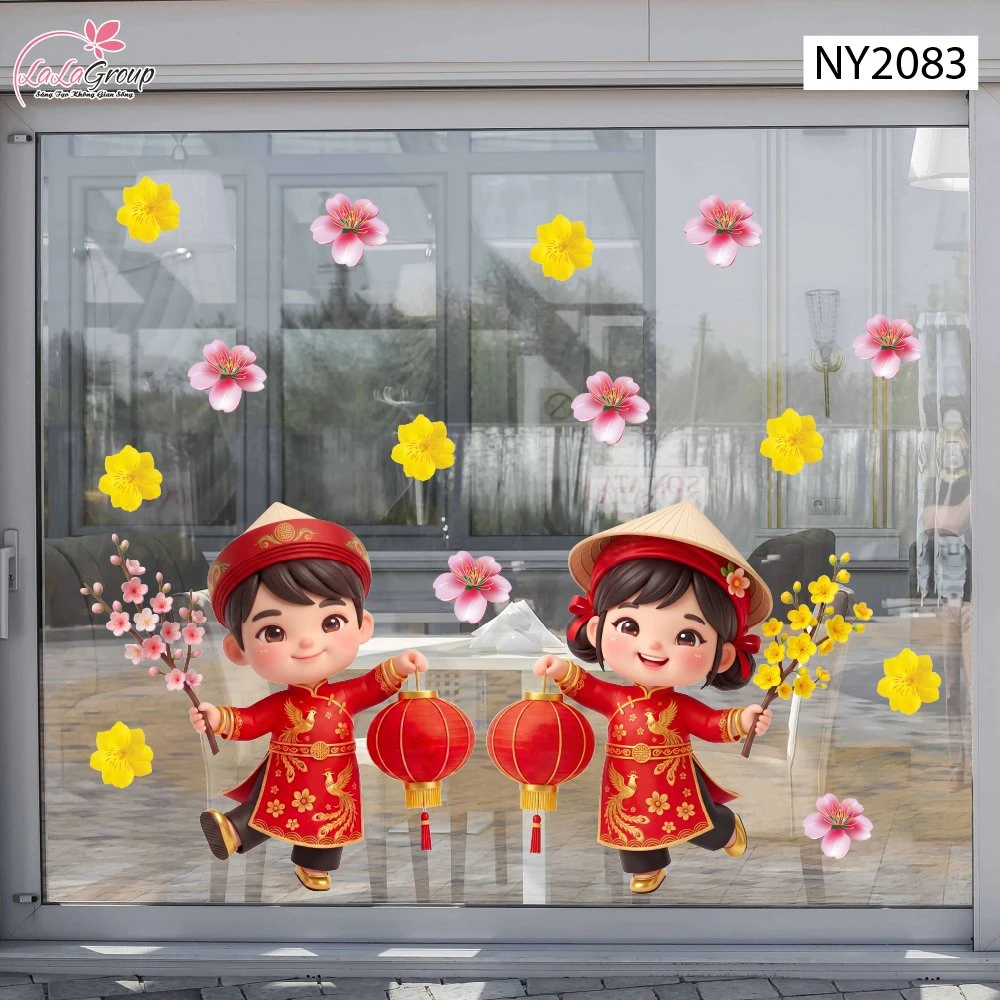 Decal Trang Trí Tết Cặp Bé Chúc Tết Đón Xuân Phú Quý
