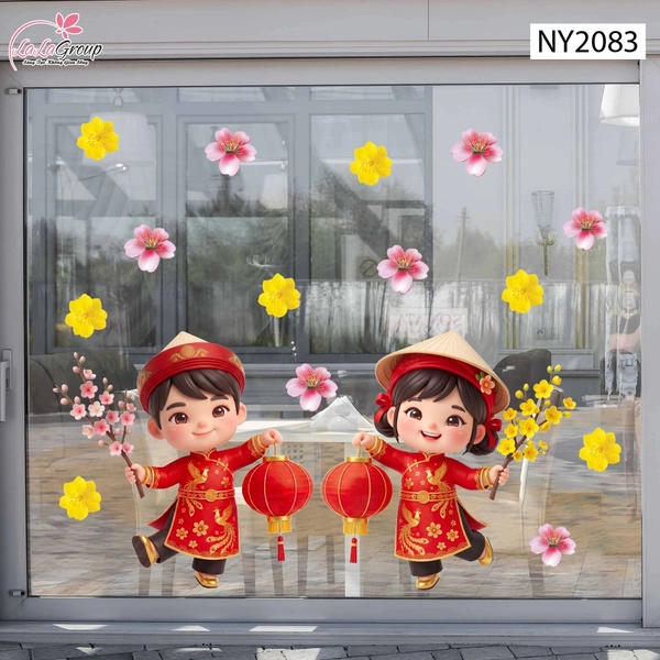 Decal Trang Trí Tết Cặp Bé Chúc Tết Đón Xuân Phú Quý