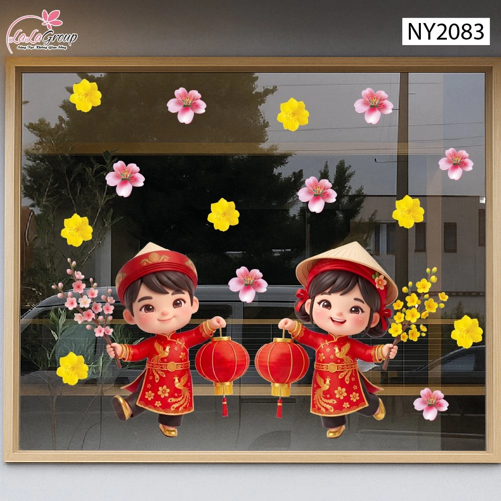 Decal Trang Trí Tết Cặp Bé Chúc Tết Đón Xuân Phú Quý