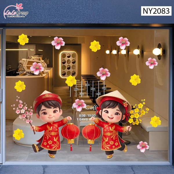 Decal Trang Trí Tết Cặp Bé Chúc Tết Đón Xuân Phú Quý