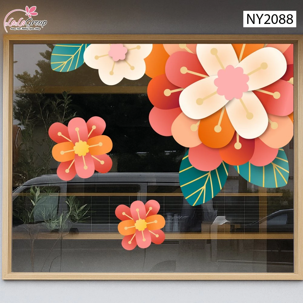 Decal Trang Trí Tết Viền Góc Kính Hoa Khai Phát Tài