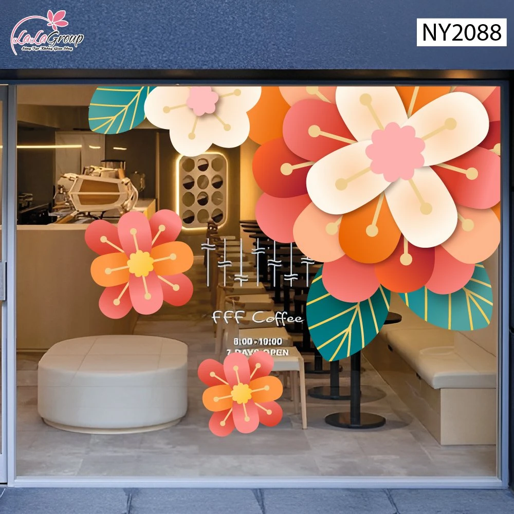 Decal Trang Trí Tết Viền Góc Kính Hoa Khai Phát Tài