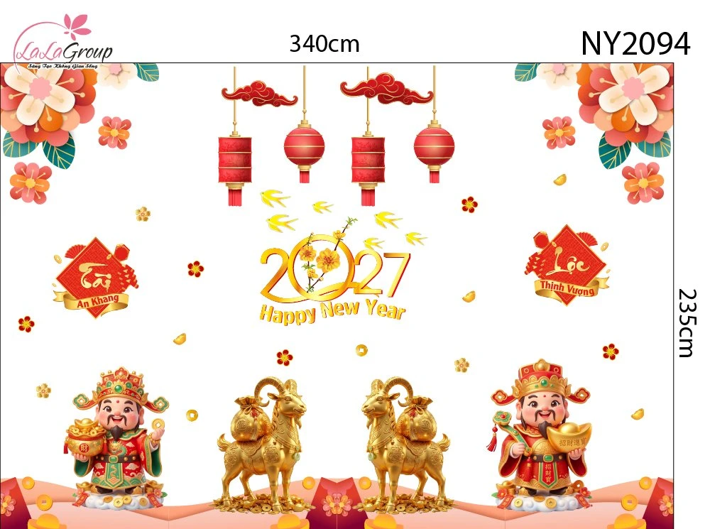Combo Decal Trang Trí Tết Song Mùi Kim Tài Và Thần Tài Đón Xuân 2027