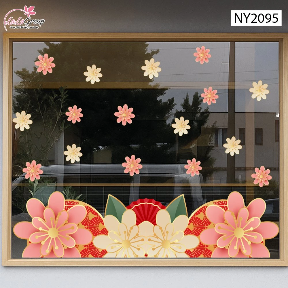 Decal Trang Trí Tết Chân Tường Khóm Hoa Mai Hồng Cách Điệu