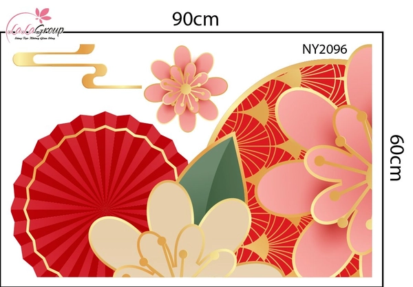 Decal Trang Trí Tết Viền Góc Cụm Hoa Xuân Và Quạt Đỏ