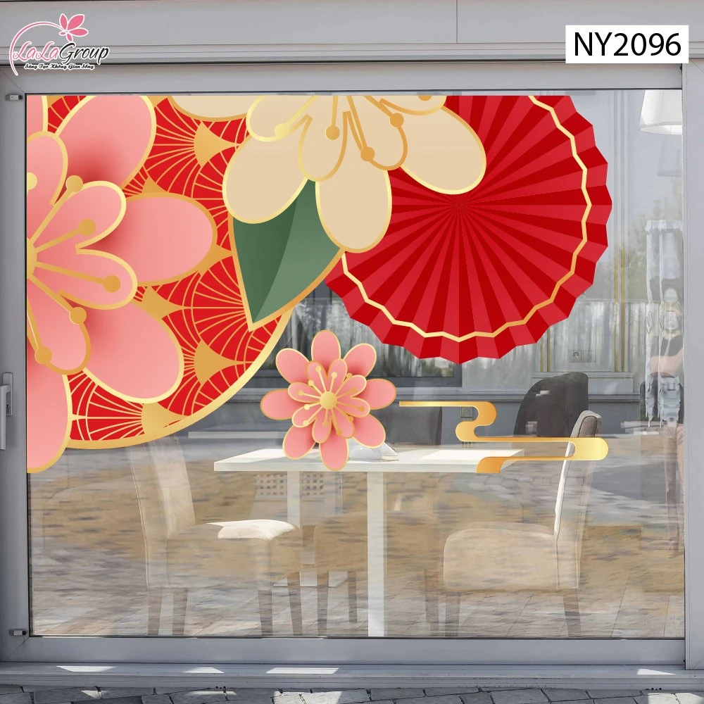 Decal Trang Trí Tết Viền Góc Cụm Hoa Xuân Và Quạt Đỏ