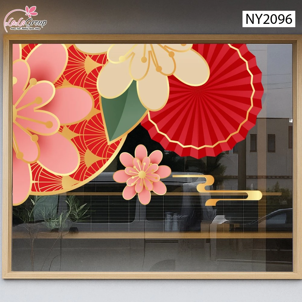 Decal Trang Trí Tết Viền Góc Cụm Hoa Xuân Và Quạt Đỏ