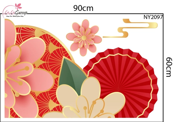 Decal Trang Trí Tết Viền Góc Cụm Hoa Đào Xuân Và Quạt Đỏ