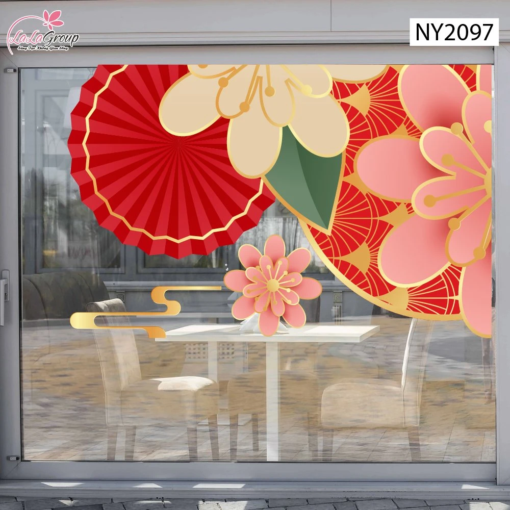 Decal Trang Trí Tết Viền Góc Cụm Hoa Đào Xuân Và Quạt Đỏ