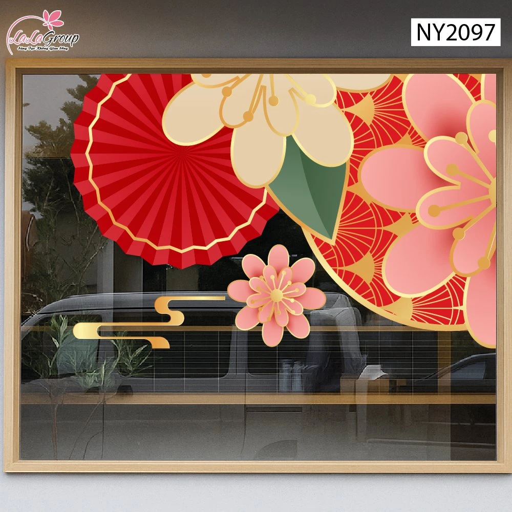 Decal Trang Trí Tết Viền Góc Cụm Hoa Đào Xuân Và Quạt Đỏ