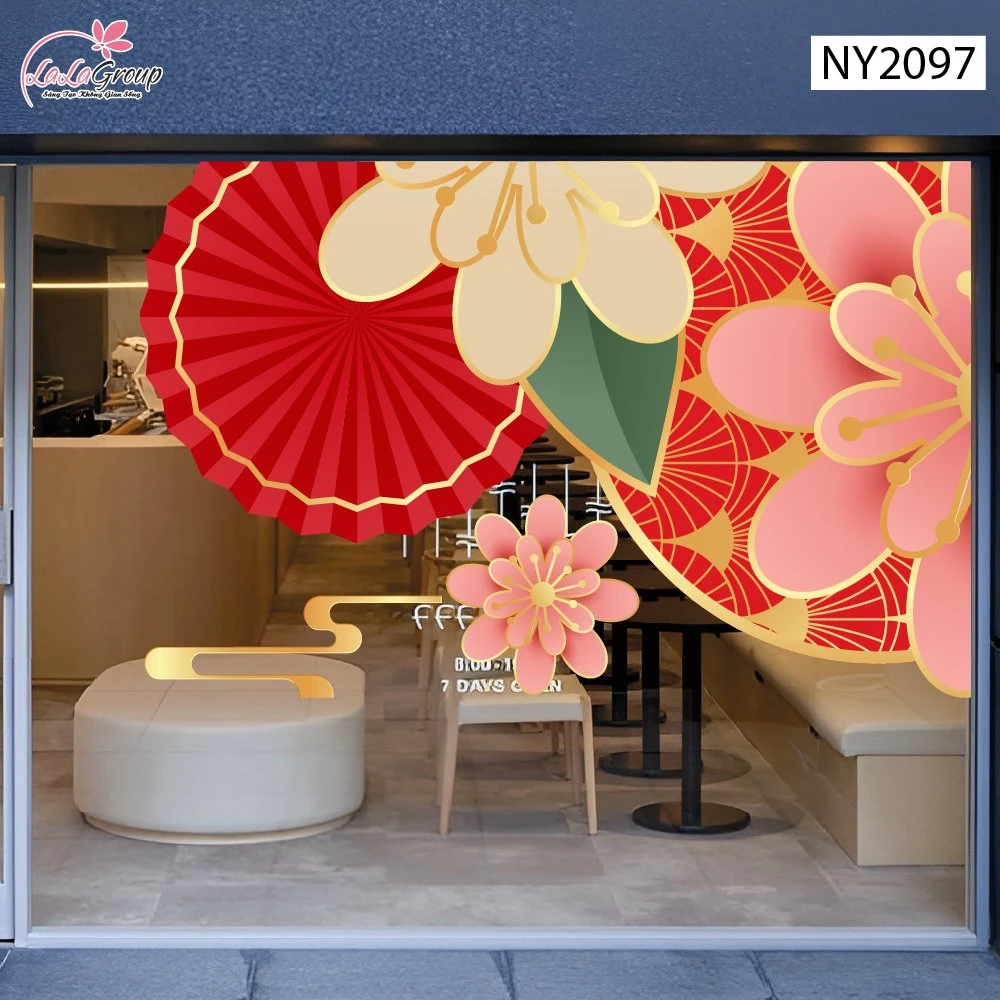 Decal Trang Trí Tết Viền Góc Cụm Hoa Đào Xuân Và Quạt Đỏ