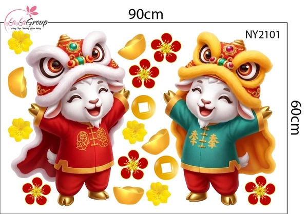 Decal Trang Trí Tết Hai Chú Dê Con Múa Lân Đón Xuân