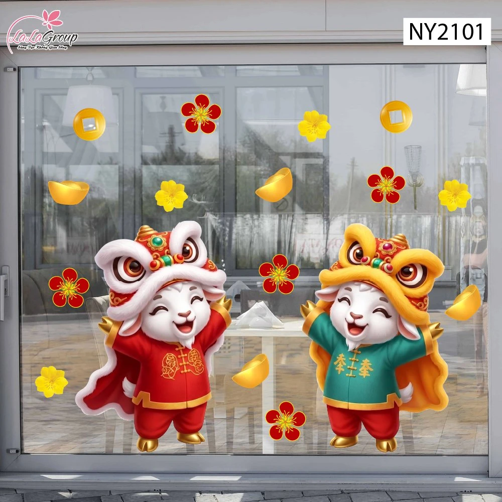 Decal Trang Trí Tết Hai Chú Dê Con Múa Lân Đón Xuân