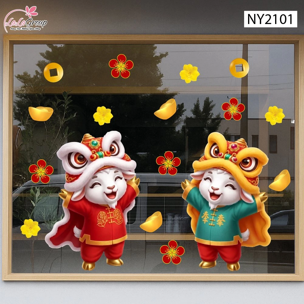 Decal Trang Trí Tết Hai Chú Dê Con Múa Lân Đón Xuân