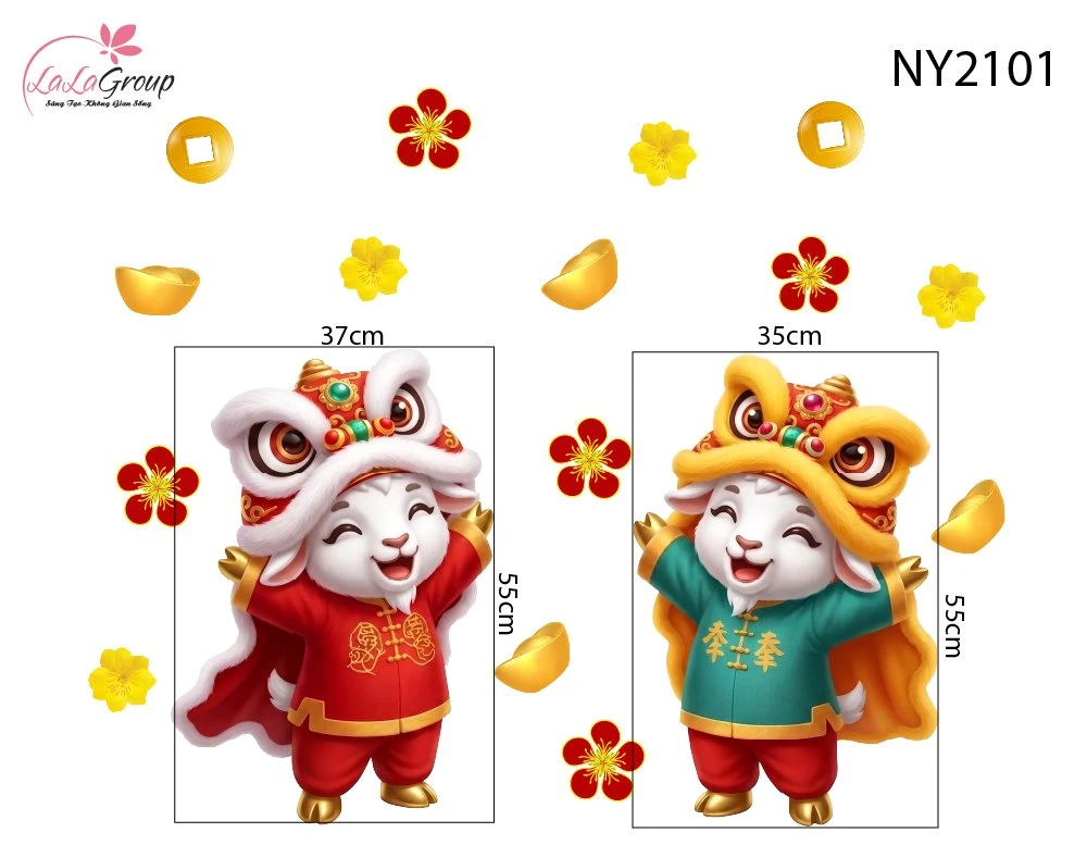 Decal Trang Trí Tết Hai Chú Dê Con Múa Lân Đón Xuân