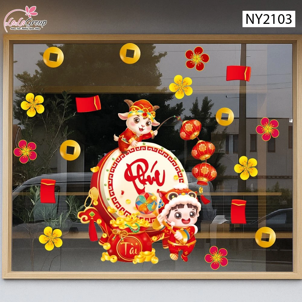 Decal Trang Trí Tết Bé Và Chú Dê Đánh Trống Khởi Phúc