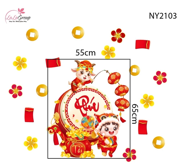 Decal Trang Trí Tết Bé Và Chú Dê Đánh Trống Khởi Phúc