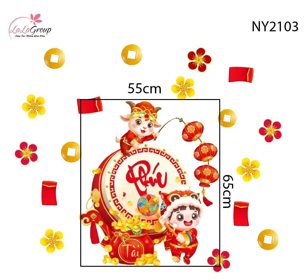Decal Trang Trí Tết Bé Và Chú Dê Đánh Trống Khởi Phúc