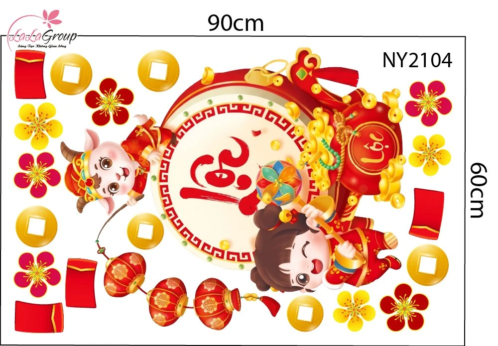 Decal Trang Trí Tết Bé Và Chú Dê Đánh Trống Khởi Lộc