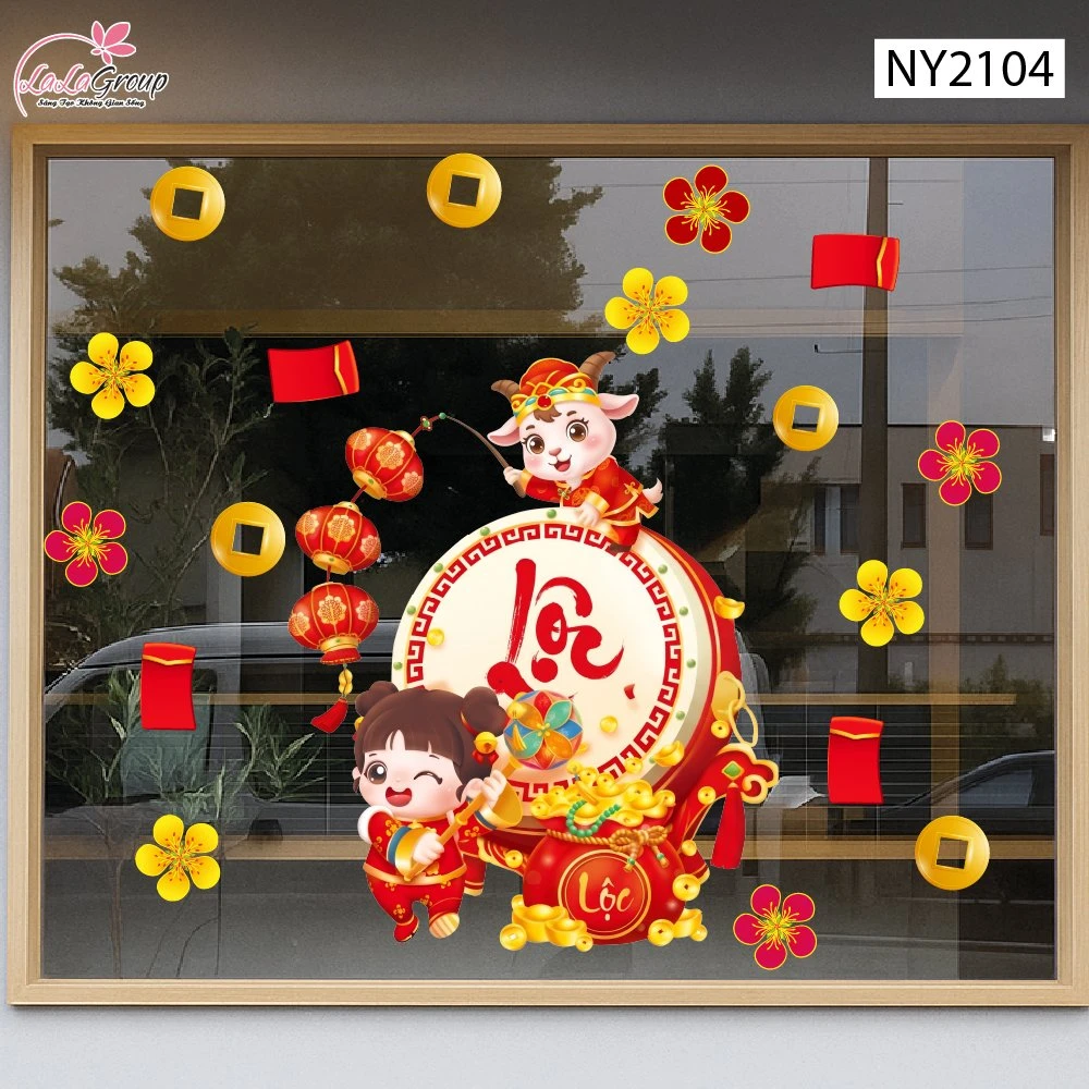 Decal Trang Trí Tết Bé Và Chú Dê Đánh Trống Khởi Lộc