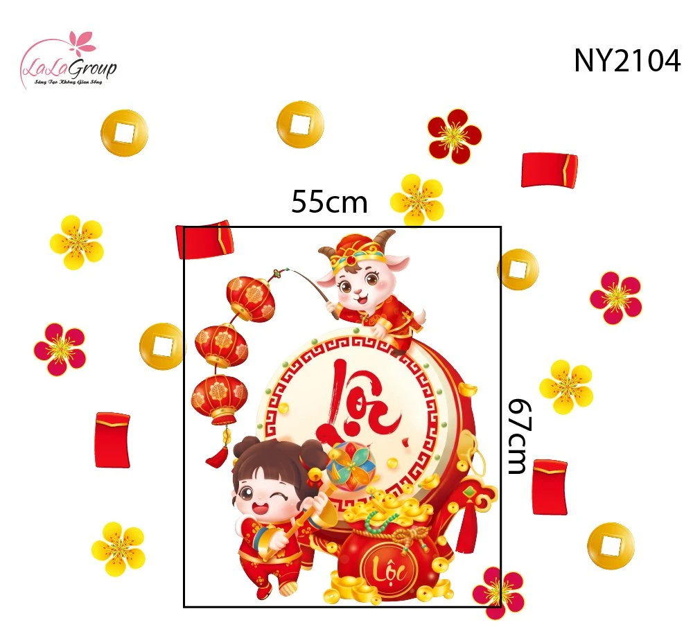 Decal Trang Trí Tết Bé Và Chú Dê Đánh Trống Khởi Lộc
