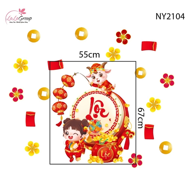 Decal Trang Trí Tết Bé Và Chú Dê Đánh Trống Khởi Lộc