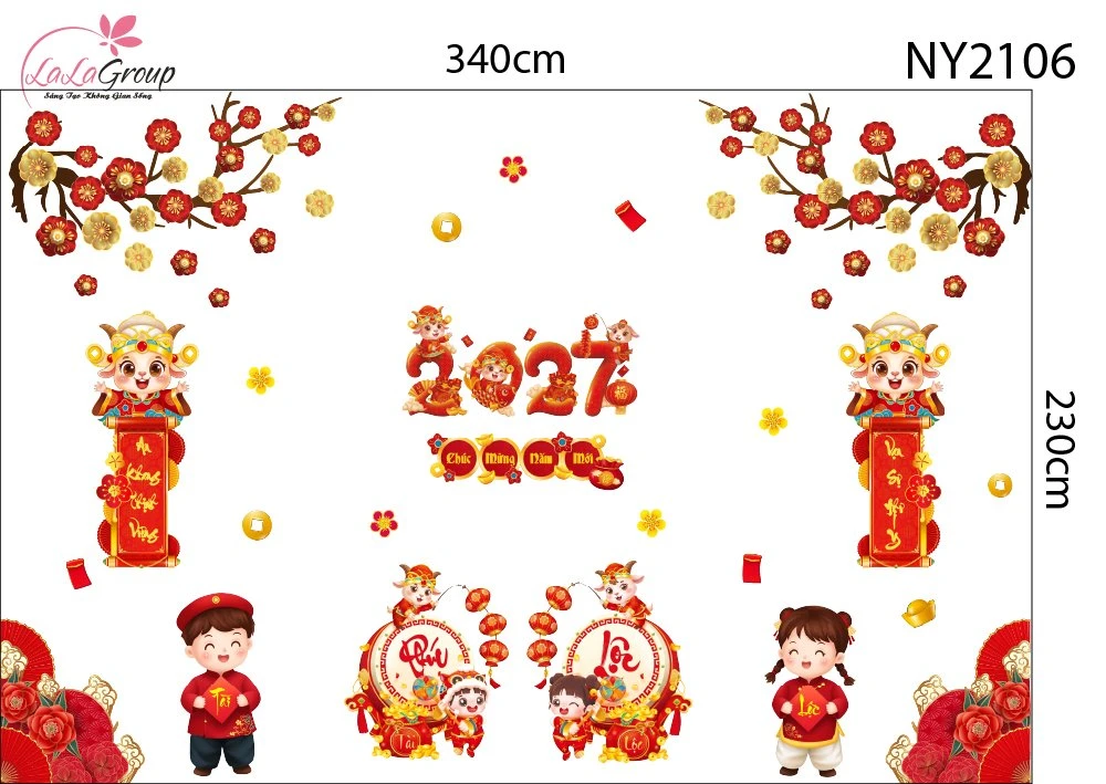 Combo Decal Trang Trí Tết 2027 Hai Bé Vui Xuân Chúc Tết Phúc Lộc Tràn Đầy