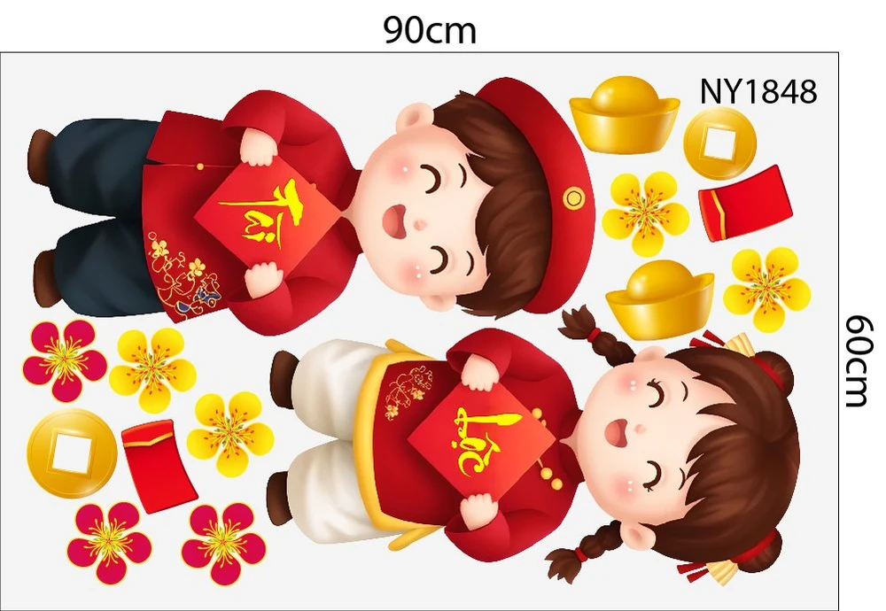 Combo Decal Trang Trí Tết 2027 Hai Bé Vui Xuân Chúc Tết Phúc Lộc Tràn Đầy