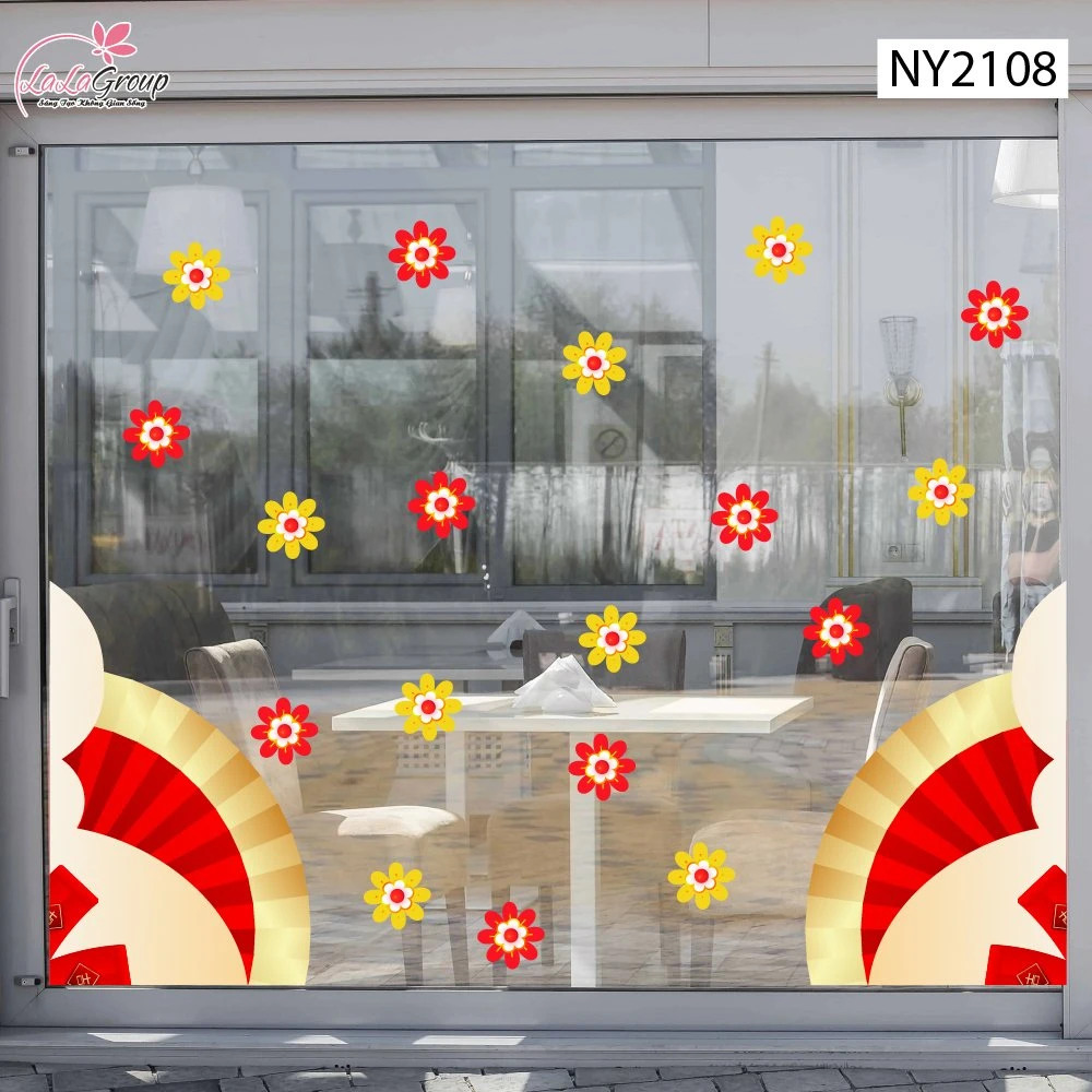 Decal Trang Trí Tết Viền Góc Cụm Quạt Đỏ Đón Xuân Phú Quý