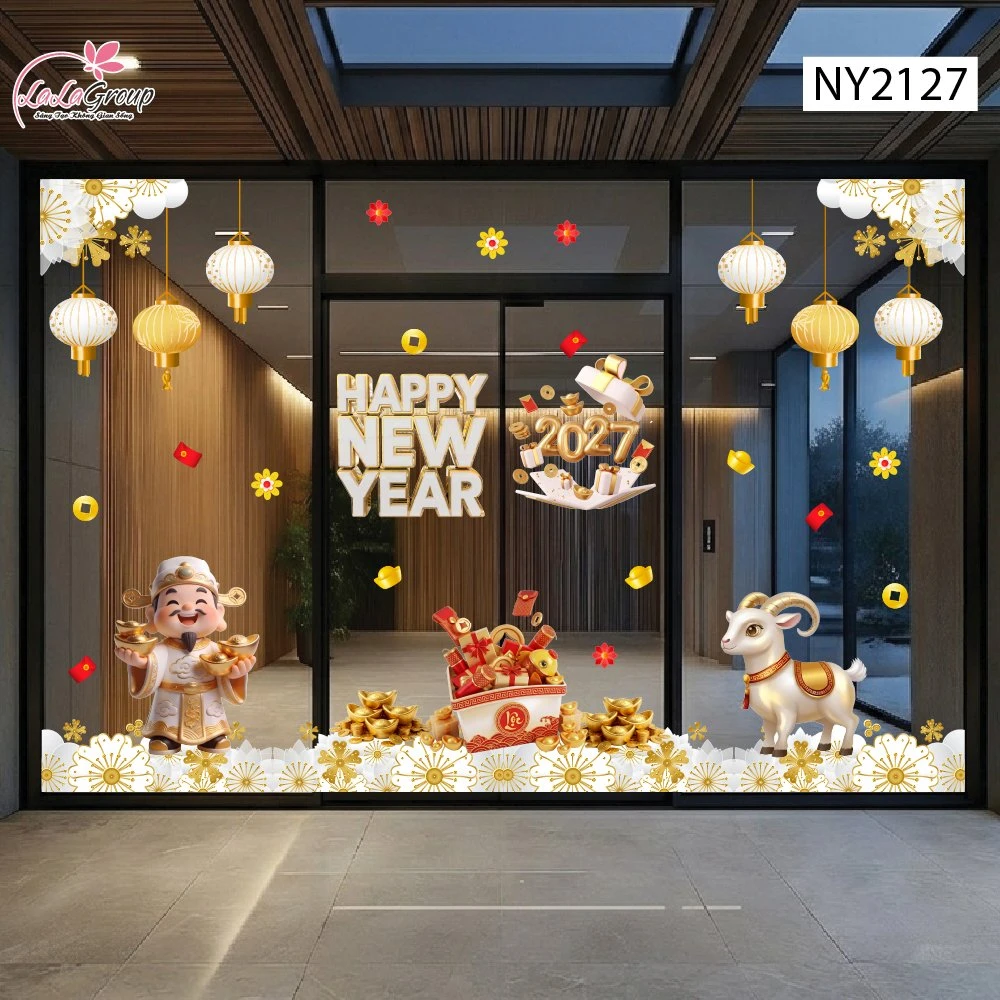 Combo Decal Trang Trí Tết 2027 Kim Mùi Hoàng Kim Và Thần Tài An Khang