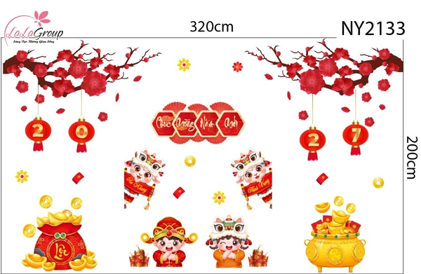 Combo Decal Trang Trí Tết 2027 Song Lân Phúc Lộc Và Hai Bé Vui Xuân