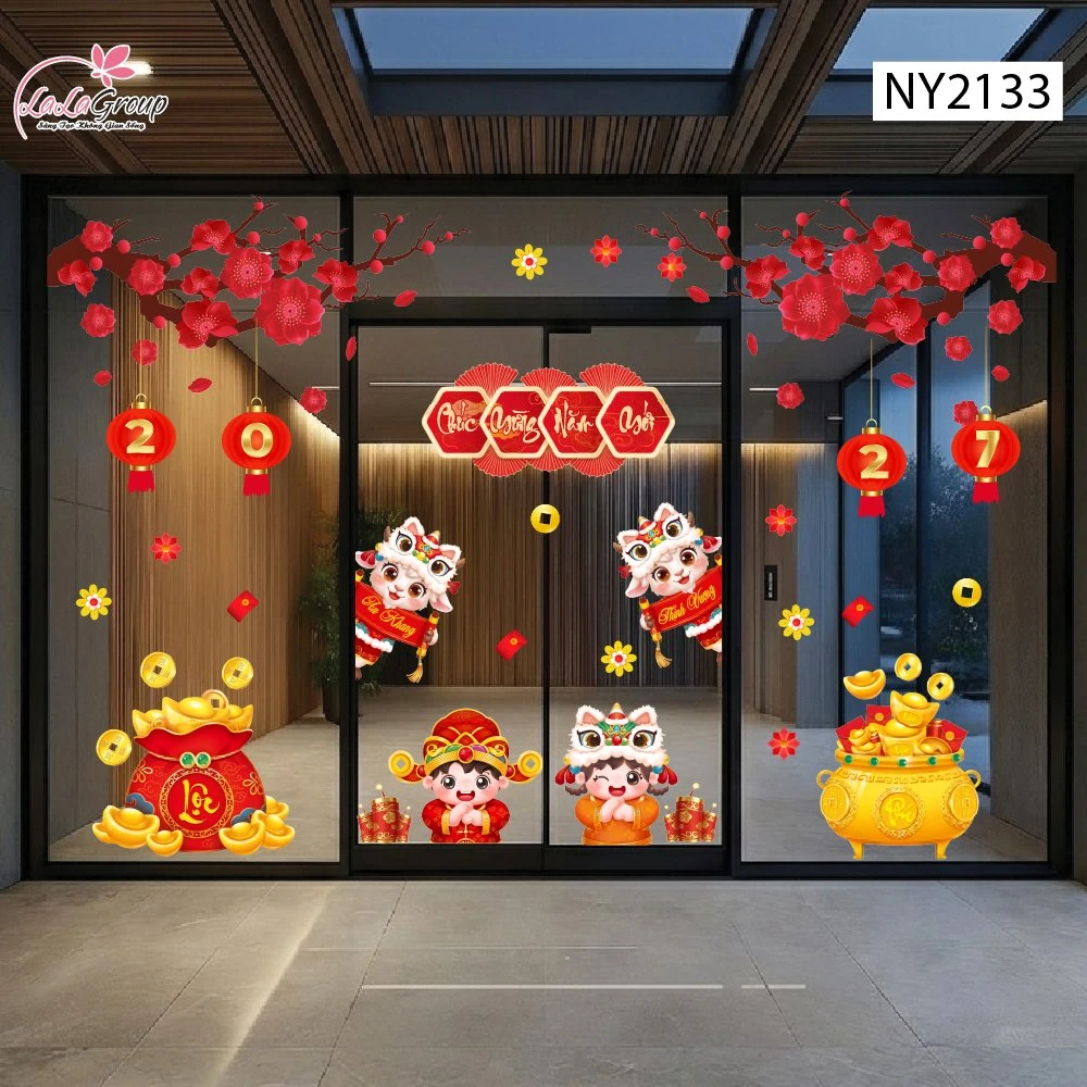 Combo Decal Trang Trí Tết 2027 Song Lân Phúc Lộc Và Hai Bé Vui Xuân