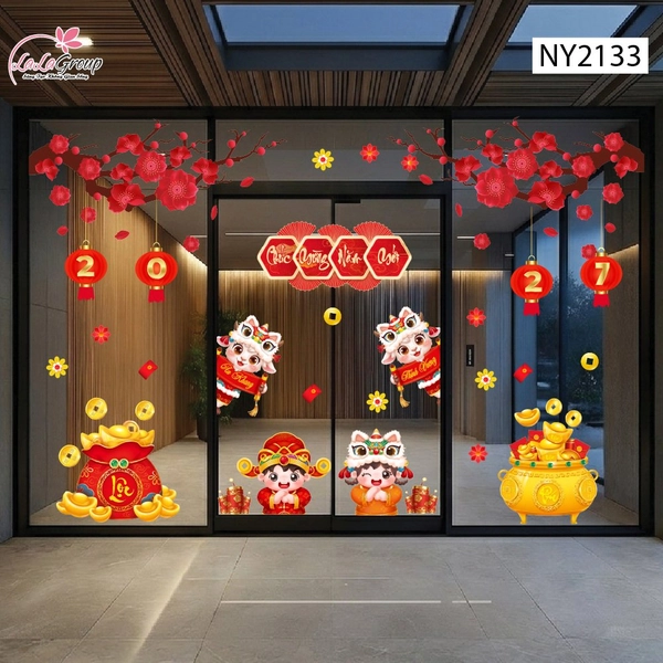 Combo Decal Trang Trí Tết 2027 Song Lân Phúc Lộc Và Hai Bé Vui Xuân