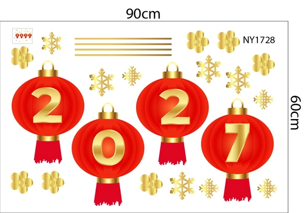 Combo Decal Trang Trí Tết 2027 Song Lân Phúc Lộc Và Hai Bé Vui Xuân