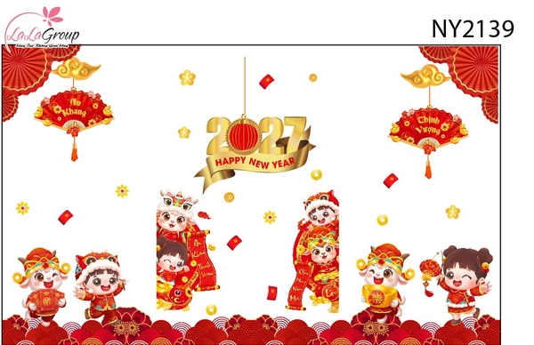 Combo Decal Trang Trí Tết 2027 Song Mùi Và Các Bạn Vui Múa Lân Đón Xuân