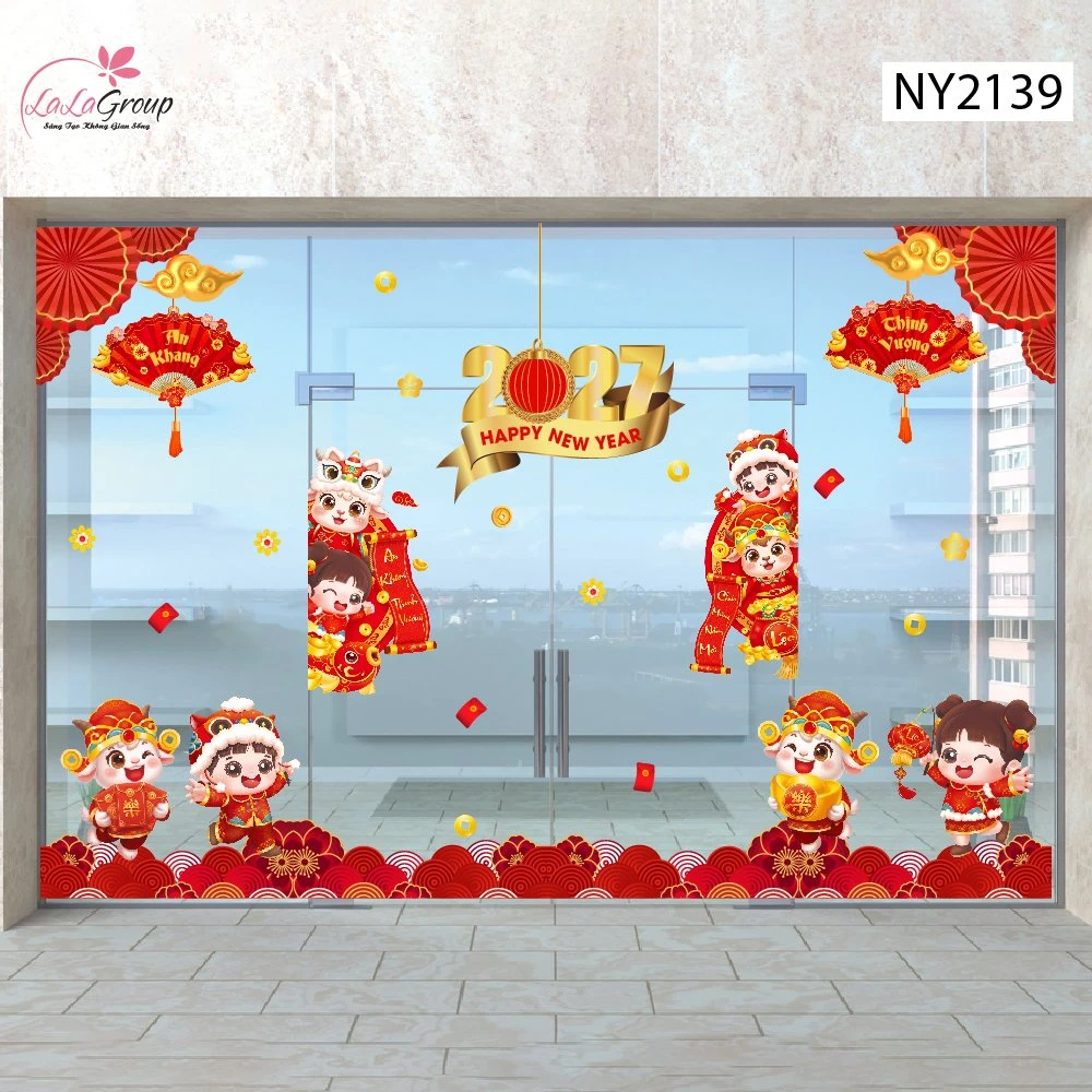 Combo Decal Trang Trí Tết 2027 Song Mùi Và Các Bạn Vui Múa Lân Đón Xuân