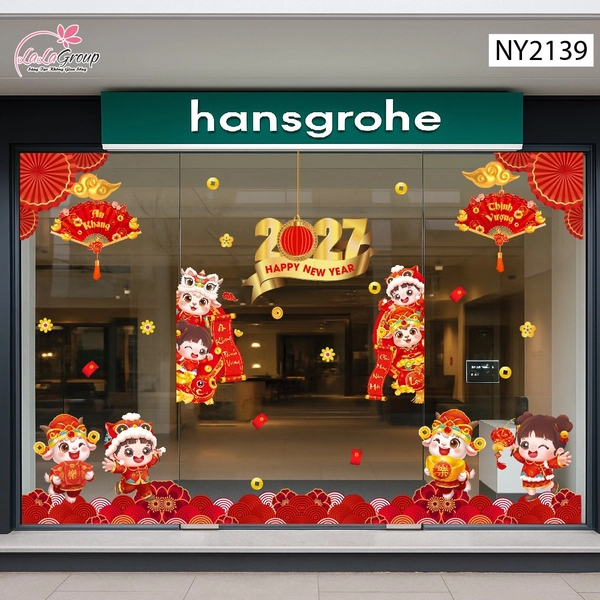 Combo Decal Trang Trí Tết 2027 Song Mùi Và Các Bạn Vui Múa Lân Đón Xuân