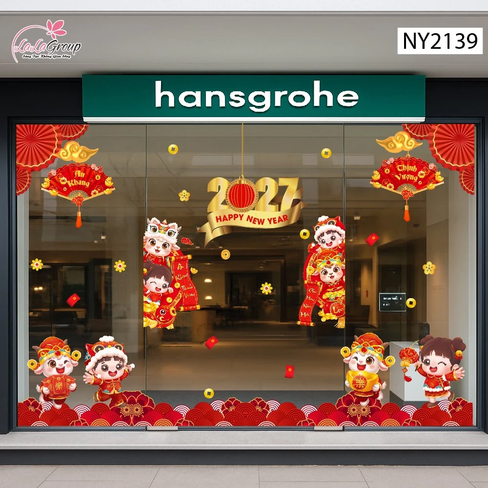 Combo Decal Trang Trí Tết 2027 Song Mùi Và Các Bạn Vui Múa Lân Đón Xuân